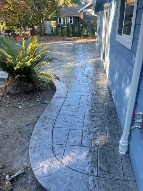 Stamped concrete pathway alongside blue house with green fern planter and garden visible