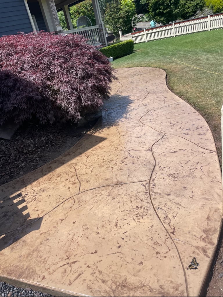 Stamped concrete patio pathway with curved edges next to a burgundy Japanese maple tree and lush green lawn